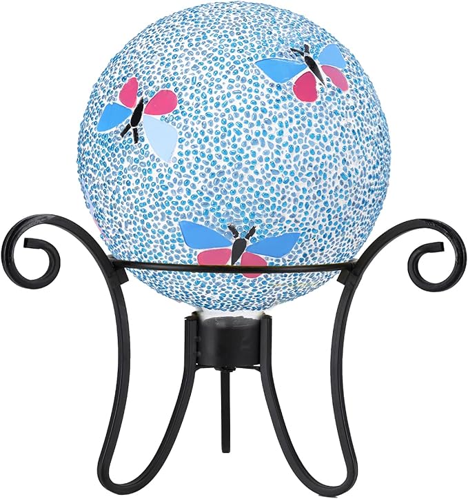 Gazing Ball 8 Inch Butterfly Glass Mosaic Garden Globe Outdoor Gazing Globe Yard Ornament for Garden Yard Home Lawn Outdoor Decoration Gift for Women (Not Solar Powered)-Ruum Studio Home