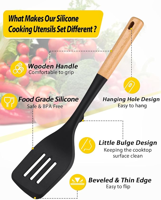 Silicone Kitchen Utensil Set for Non Stick Cookware, 7 Pcs Heat Resistant Cooking Utensils with Wooden Handle, BPA Free Kitchen Tools with Spatulas, Spoons, Skimmer and Pasta Fork (BLACK)-Ruum Studio Home