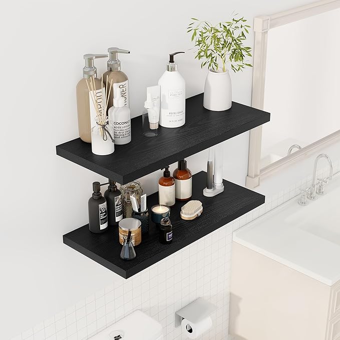 30" Floating Shelves for Wall, 12" Deep Slim Black Floating Shelves, Wall-Mounted Shelves for Bedroom, Living Room, Kitchen, Bathroom - Set of 2-Ruum Studio Home