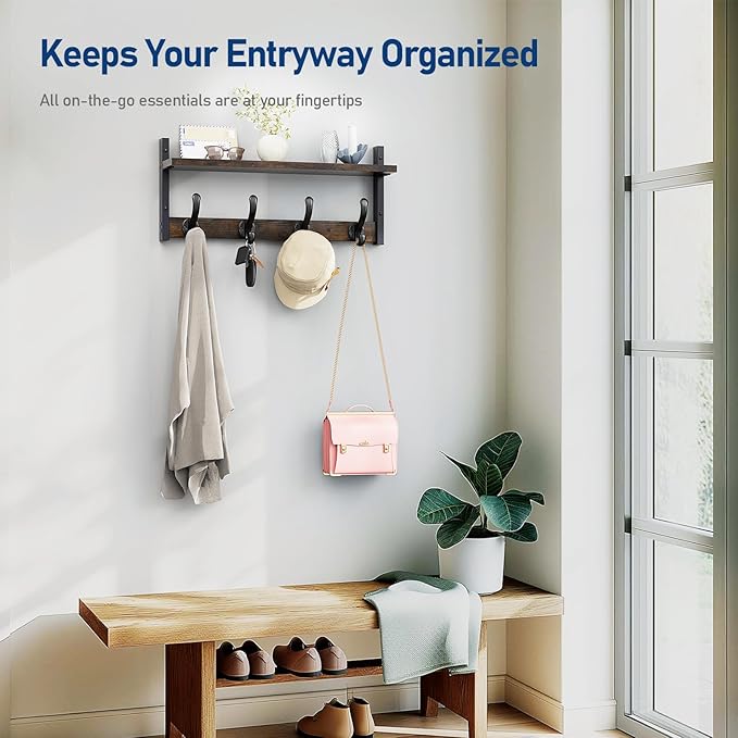 Tatub 20" Rustic Coat Rack Wall Mount with Shelf, Wall Hooks with Shelf, Heavy Duty Entryway Organizer Hangers for Hanging, Hat, Bag, Jacket for Bathroom, Living Room, Bedroom, Rustic Brown-Ruum Studio Home