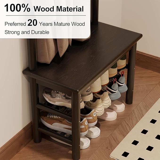 Coat Rack with Shoe Storage, Narrow Wooden Hall Tree with Bench, 11 Hooks and 2-Tier Storage Shelves, 3-in-1, Entryway Bench with Coat Rack (23.6"-Black)-Ruum Studio Home