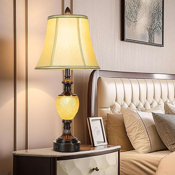 27'' High Vintage Table Lamp Set of 2 for Living Room Farmhouse Bedside Lamp with Fabric Shades Boho Nightstand Lamp with USB and Nightlight for Bedroom Home Office Hotel Bar (Bulb Included)-Ruum Studio Home