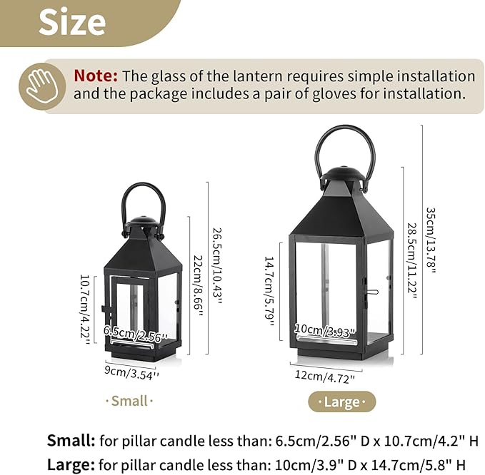 NUPTIO Black Decorative Candle Lantern: Metal Pillar Candle Holders for Table Centerpiece - 10.2in Tall Hanging Lanterns for Outdoor Wedding Party Home Living Room Fireplace Decor-Ruum Studio Home