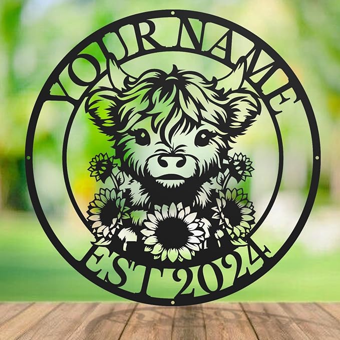 Personalized Highland Cow Name metal Signs,Custom Highland Cow Metal Shed Wall Decor,Black Metal Wall Art Plaques Outdoor wall Decorative Signage (Style E)-Ruum Studio Home