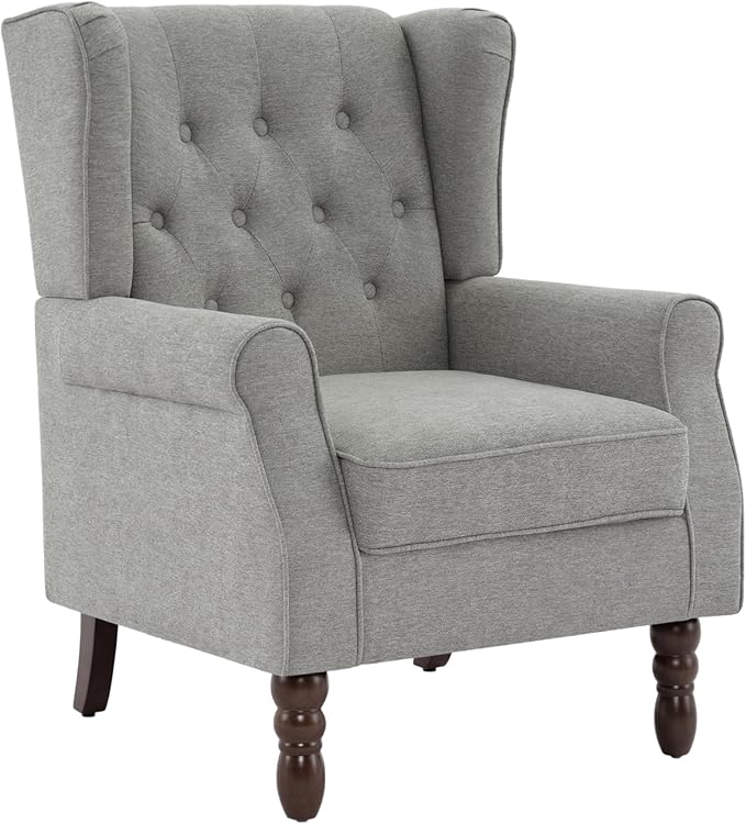 UIXE High Back Accent Chairs Set of 2, Upholstered Armchair in Fabric, Retro Wingback Arm Chair for Living Room, Comfy Single Sofa Bedroom Reading Seat with Solid Wood Legs - Light Gray-Ruum Studio Home