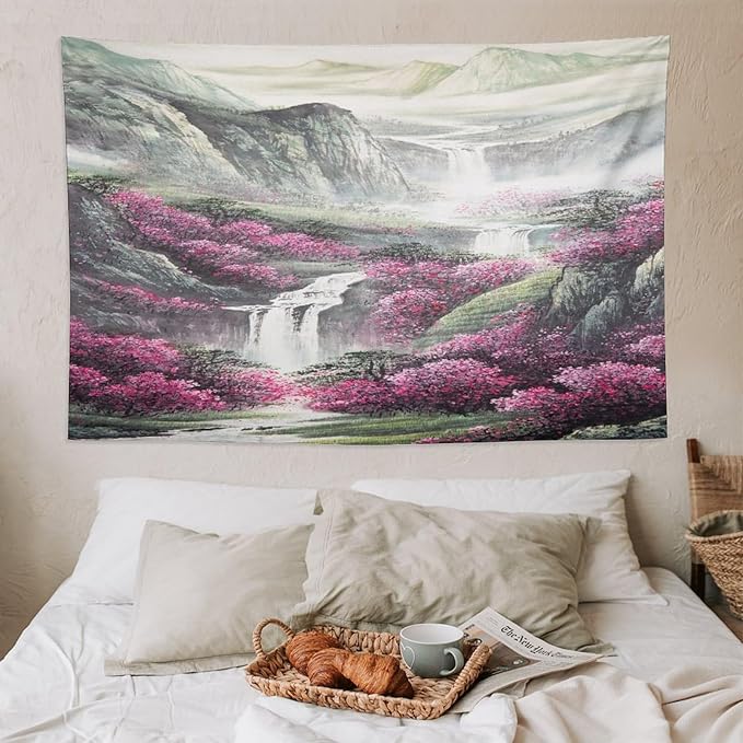 Japanese Tapestry, Red Plum Blossom Mountain Tapestry, Asian Japanese Wall Tapestry, Nature Landscape Tapestries for Bedroom Living Room Decor 90"x60"-Ruum Studio Home