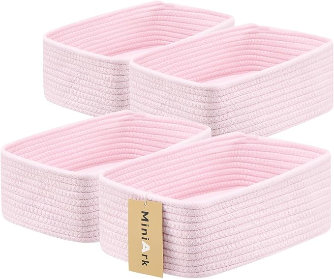 Small Storage Baskets for Organizing | Closet Organizer Bins | Shelf Toy Basket | Woven Rope Baskets | Cube Decorative Box | Shallow Basket | 11.5x7.5x4.7” | 4 Packs Light Pink-Ruum Studio Home