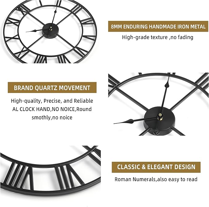 Large Wall Clock for Living Room Decor - 60cm/ 24 Inches Silent Non-Ticking Metal Wall Clocks Battery Operated, Vintage Decorative Modern Wall Clock for Bedroom, Office, Farmhouse Decor-Ruum Studio Home