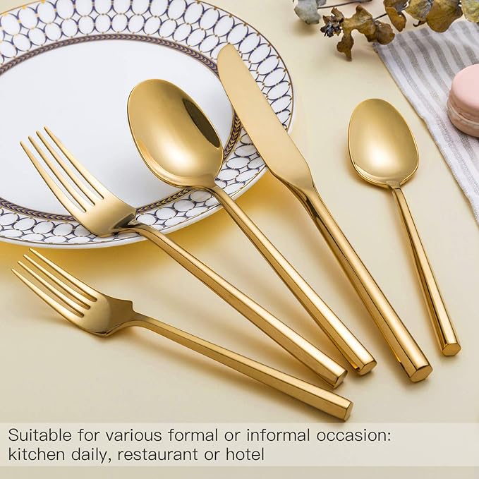 Gold Silverware Set Flatware Set Stainless Steel Cutlery Set 60 Pieces Thick Heavy Hexagon Handle Service for 12-Ruum Studio Home