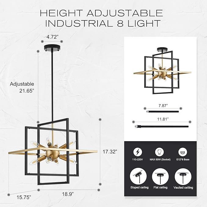 18.9'' Black Gold 8-Light Sputnik Chandelier Modern Industrial Adjustable Hanging Geometric Pendant Light Fixture for Entryway Foyer Stairway Hallway Bedroom Living Room Kitchen Island-Ruum Studio Home