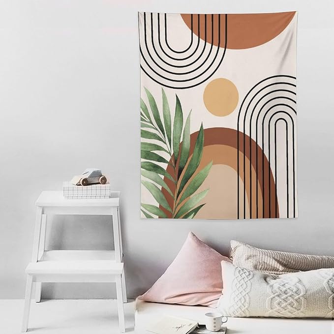 Abstract Bohemian Mid Century Tapestry, Tropical Leaves Modern Geometric Archway Minimalist Bohemian Botanical Aesthetic Wall Hanging, Sage Green Gold Home Decor Art for Bedroom 60x80 Inch-Ruum Studio Home