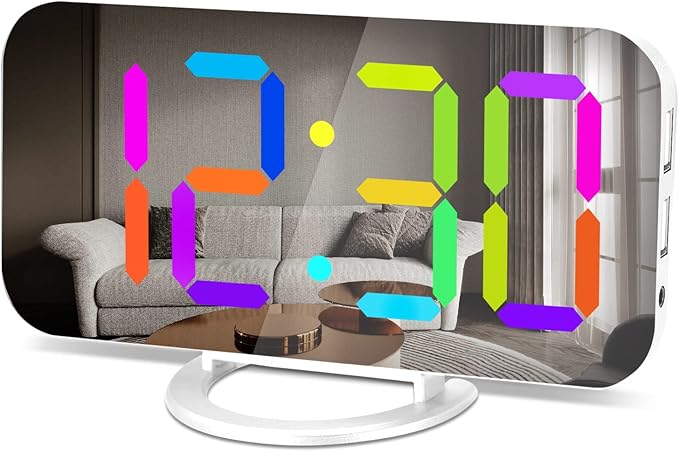 SZELAM Digital Alarm Clock,LED RGB Colorful Clocks,with Mirror Surface Large Display,2 USB Charger Ports,Auto Dimming,Modern Desk Clock for Bedroom Home Office Decor- White-Ruum Studio Home