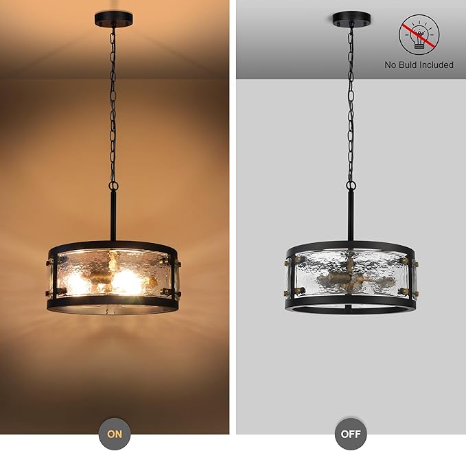 13" Industrial Drum Glass Chandelier, 3-Light Rustic Hanging Pendant Lights, Metal Round Lighting Fixture for Dining Room Foyer Entryway Hallway Bedroom, Clear Waterglass Drum Shade-Ruum Studio Home