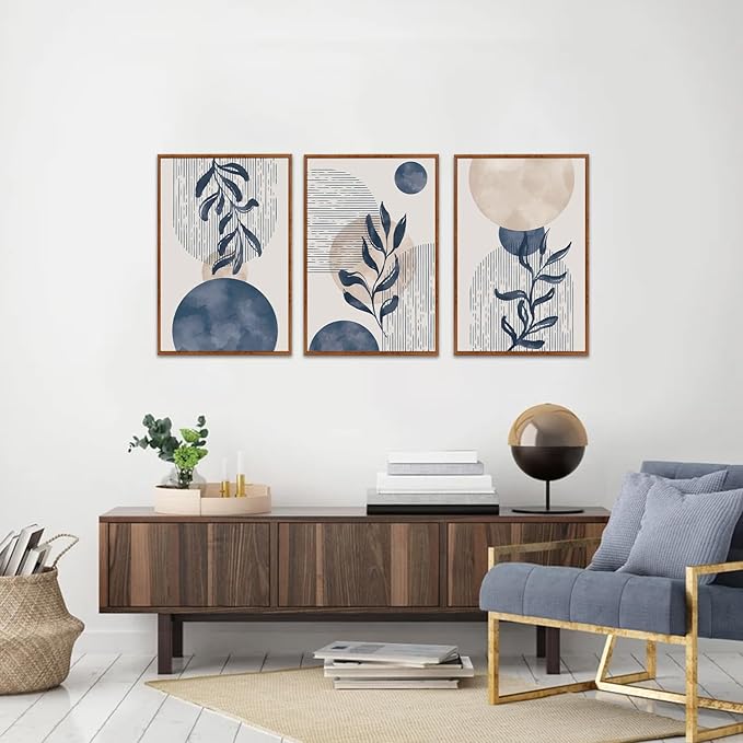 KAIRNE Boho Plant Wall Art Set of 3,Blue Bohemain Framed Canvas,Abstract Geometric Line Wall Painting,Modern Nature Prints,Botanical and Moon Wall Art for Living Room Bedroom Office - 3Pieces,16”X24”-Ruum Studio Home