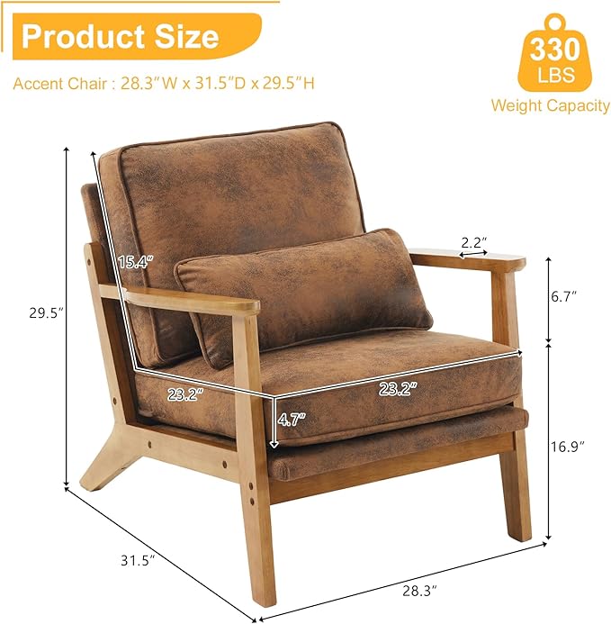 Karl home Accent Chair Wide Armrest Mid-Century Lounge Chair Bronzing Cloth Armchair with Lumbar Pillow & Solid Wood Frame for Living Room, Bedroom, Balcony, Brown-Ruum Studio Home