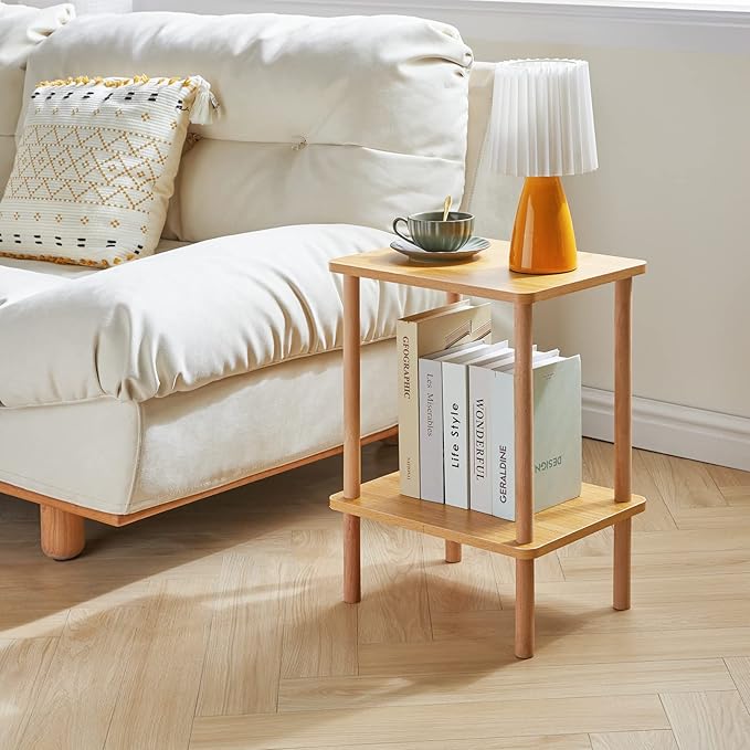 IBUYKE 2-Tier Side Table, Solid Wood Tall End Table with Storage Shelves, Nightstand Bedside Table for Living Room Bedroom Office, No-Tool Assembly, Natural UWST002N-Ruum Studio Home
