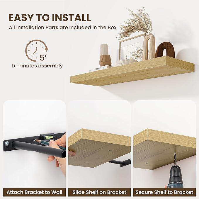 Fun Memories Floating Shelves for Wall - 10 x 16 Floating Shelf - Rustic Wood Storage Shelf - Wall Shelves with Invisible Bracket - 16" Bookshelves for Living Room & Bedroom - Oak - Set of 2-Ruum Studio Home