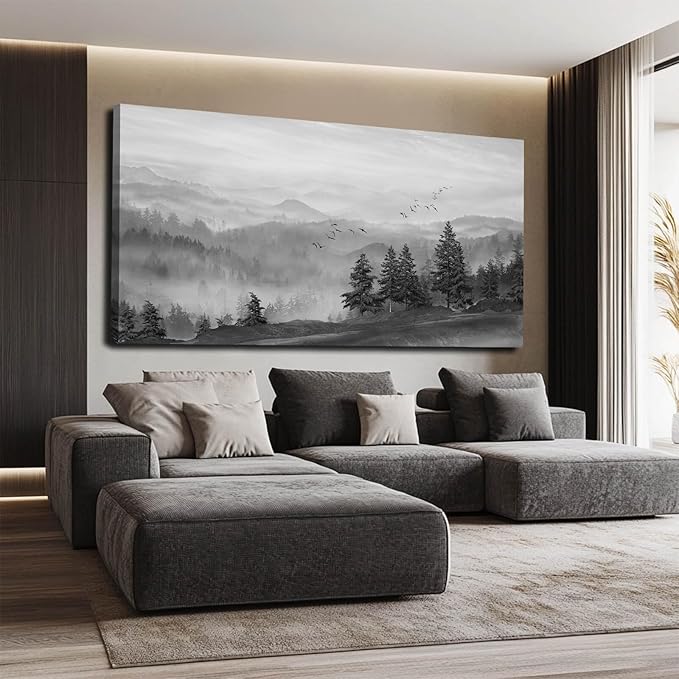 SOUGUAN Grey Wall Decor Foggy Mountain Wall Art Tree and Bird Pictures Artwork for Walls Living Room for Bedroom Kitchen Dining Room Home Office 30x60 Inch-Ruum Studio Home