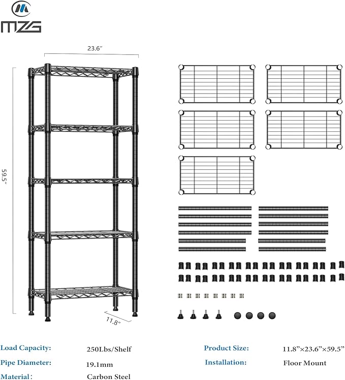 1250 lbs 5 Tier Shelf Metal Storage Shelves Wire Rack Closet Organizers for Garage Kitchen Bathroom Laundry Black 11.8" D x 23.6" W x 59.5" H-Ruum Studio Home