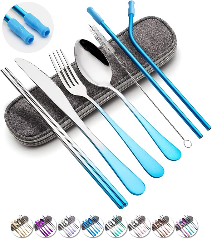 Travel Utensils Set with Case Reusable Portable Cutlery Set Stainless Steel 8pcs Including Dinner Knife Fork Spoon Chopsticks straws(Gradient Blue)-Ruum Studio Home