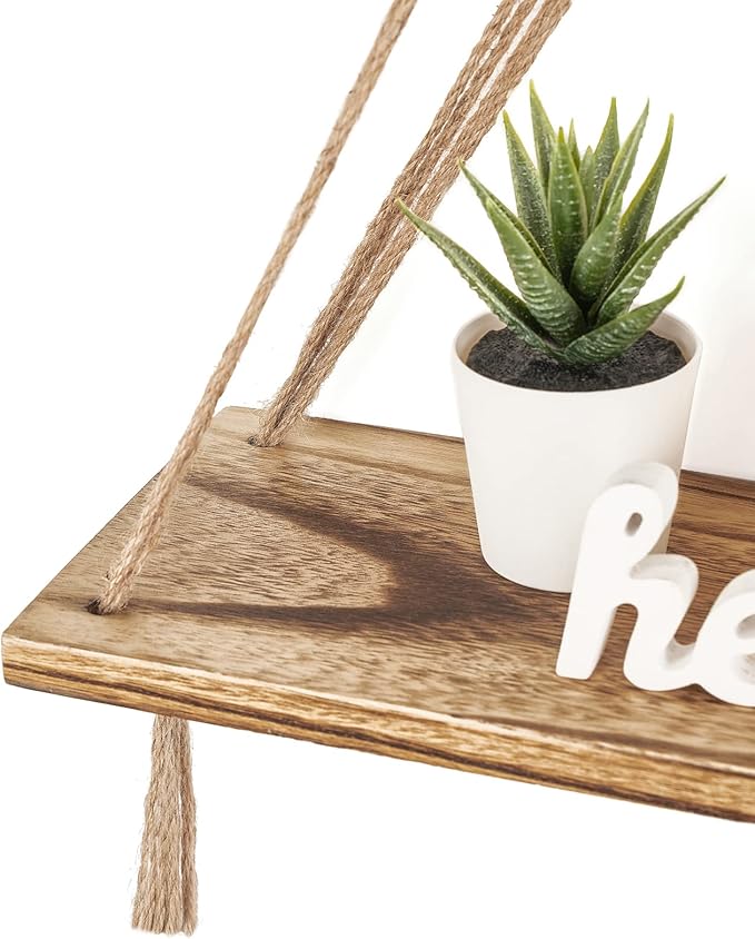 Mkono Macrame Hanging Shelves Boho Wall Decor Set of 2 Rustic Wood Floating Storage Shelf for Bedroom Bathroom Living Room Nursery Dorm Room, Display Shelving for Hanging Plants Photos-Ruum Studio Home