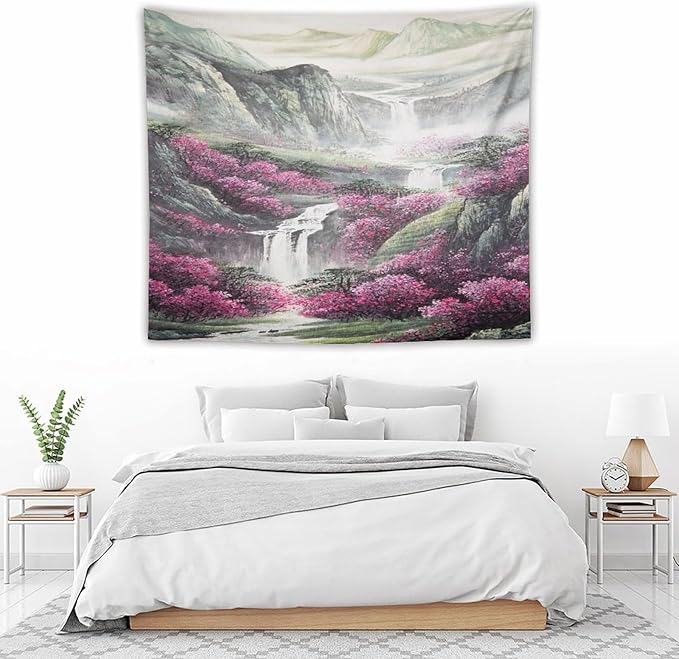 Japanese Tapestry, Red Plum Blossom Mountain Tapestry, Asian Japanese Wall Tapestry, Nature Landscape Tapestries for Bedroom Living Room Decor 60"x50"-Ruum Studio Home