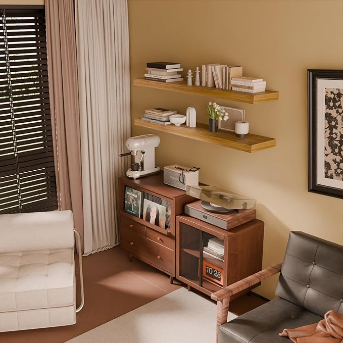 IAE Floating Wall Shelves 48 inch,Bathroom Shelves Wall Mounted,Invisible Shelves Floating Kitchen Shelves,Wooden Wall Shelves with Brackets for Living Room Wall Mounted,Easy Install,Set of 2,Natural-Ruum Studio Home