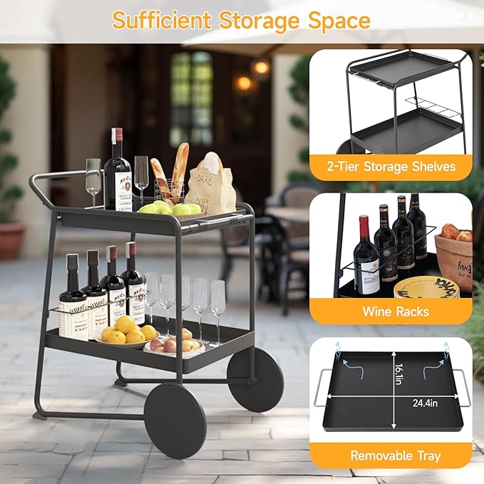 Outdoor Grill Cart Table with Extra-Large Wheel, 24" x 16" Removable Tray & Ergonomic Handle, Indoor and Outdoor Pizza Oven Table for Garden Patio BBQ Kitchen Food Prep Cart for Party-Ruum Studio Home