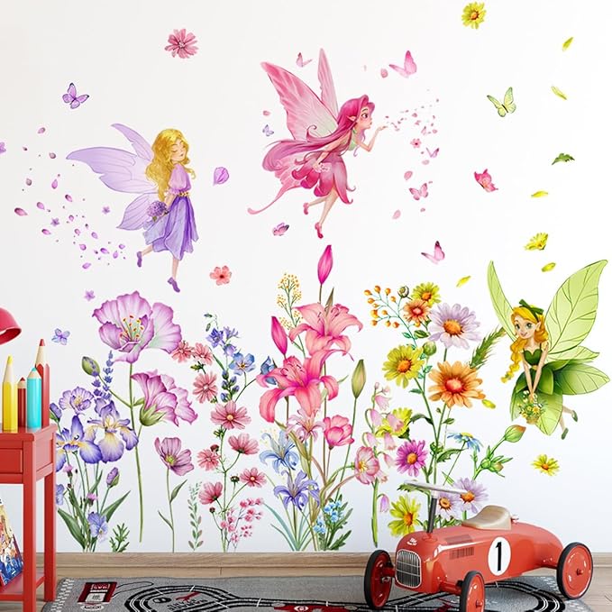 Set of 3 Sheets Size 40x12 Inch Spring Summer Window Cling Sticker Angels, Flowers, and Butterfly Window Stickers, Spring and Summer Decor, Wall, Window Glass Display Stickers (Fairy Theme)-Ruum Studio Home