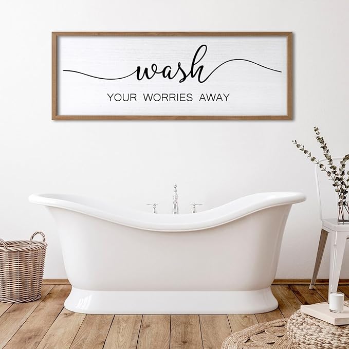 Wash Your Worries Away Wall Art Sign 32"×12" Laundry Room Large Wood Framed Restroom Toilet Wall Decor Hanging (Wood)-Ruum Studio Home