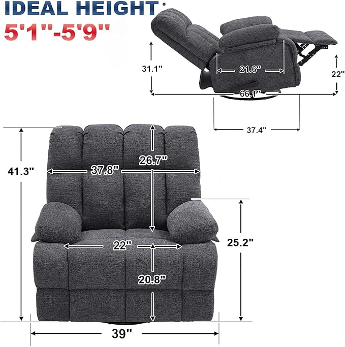 Oversized Swivel Rocker Recliner Chair for Adult, Rock Recliner for 350lb Big Man, Extra Wide Manual Recliners, Overstuffed Soft Rocking Sofa Chair,Light Grey-Ruum Studio Home