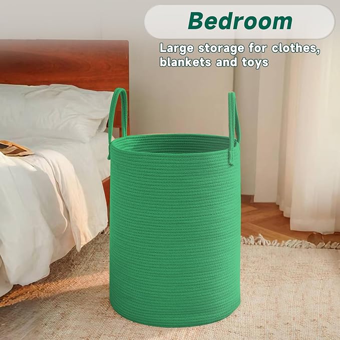 Large Woven Laundry Basket Hamper,80L Cotton Rope Storage Bin for Blankets,Toys and Clothes,Decorative Tall Nursery Hamper for Living Room,Baby Nursery,Bathroom and Bedroom,Dark Green-Ruum Studio Home