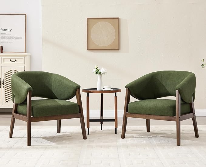 Mid-Century Modern Accent Chair, Comfy Barrel Armchair with Wide Seat, Upholstered Lounge Chair with Walnut Wood Legs for Living Room/Bedroom/Reading Corner, Linen Fabric, Deep Green, 1PC-Ruum Studio Home