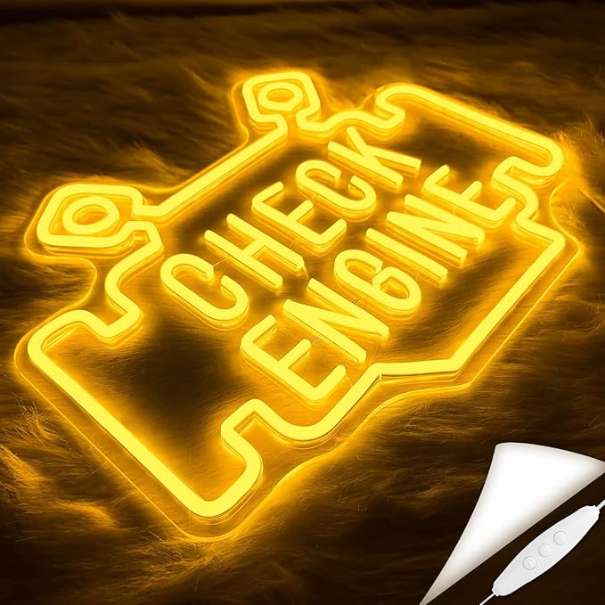Check Engine Neon Signs for wall decor, Garage Neon Sign for Man Cave, Piston Engine Led Light Signs with Dimmer, Piston Decoration USB Powered with Switch-Ruum Studio Home