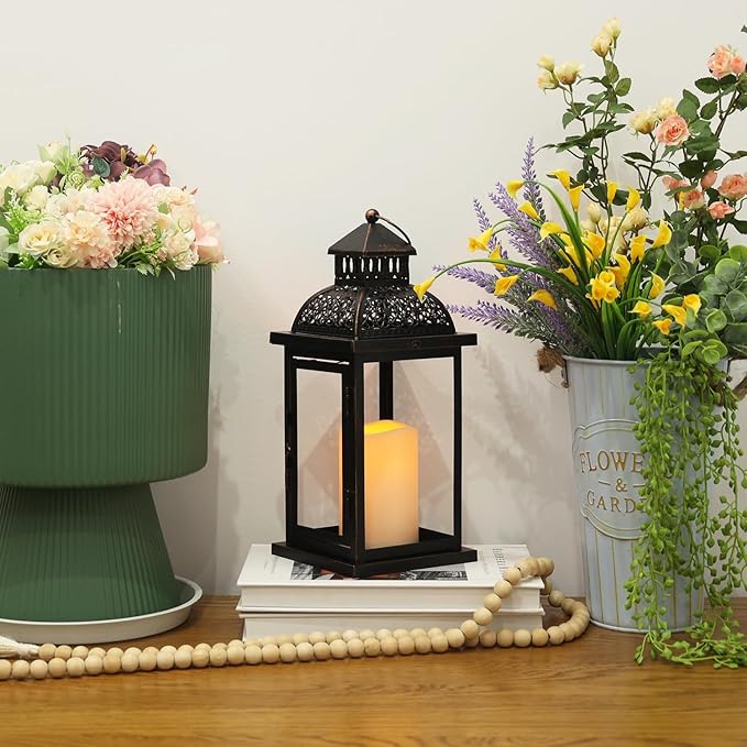 NEEDOMO Lanterns Decorative Indoor & Outdoor, 15'' Lantern with LED Candle, Vintage Metal Hanging Lanterns for Patio, Front Porch,Yard, Table, Spring (NO Glass)-Ruum Studio Home