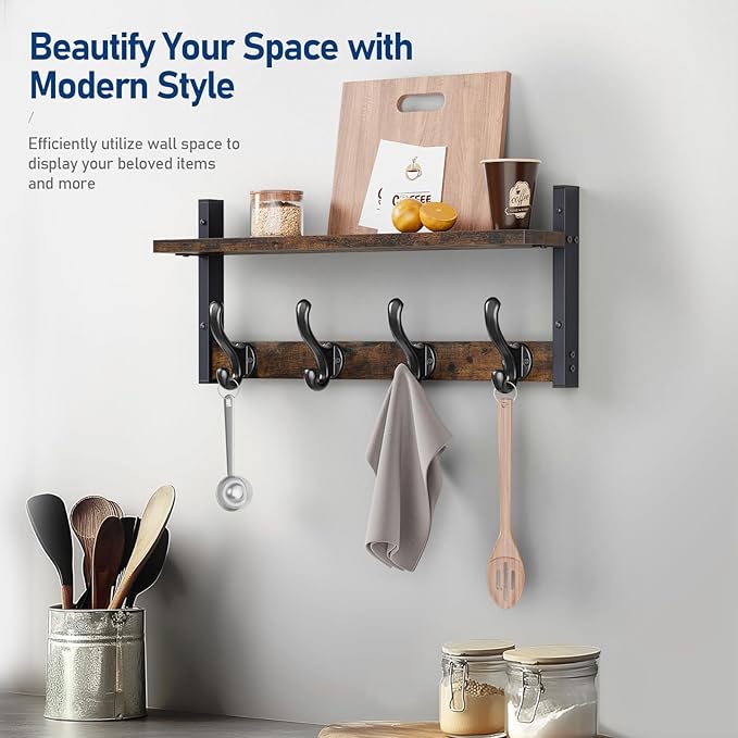 Tatub 20" Rustic Coat Rack Wall Mount with Shelf, Wall Hooks with Shelf, Heavy Duty Entryway Organizer Hangers for Hanging, Hat, Bag, Jacket for Bathroom, Living Room, Bedroom, Rustic Brown-Ruum Studio Home