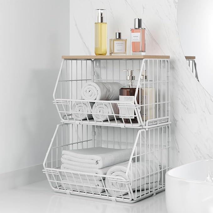 Wetheny 2 Tier Stackable Wall Mounted Wire Basket Fruit Basket with Wood Lid - Kitchen Pantry Organization and Storage, Hanging Storage Basket for fruits, Onion, Potato, Produce, Vegetable (White)-Ruum Studio Home