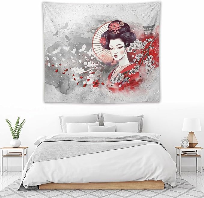 Japanese Geisha Tapestry Asian Red Cherry Blossom Traditional Kimono Folk Tapestries Home Decor for Living Room Bedroom Apartment Farmhouse Dorm 60"x50"-Ruum Studio Home