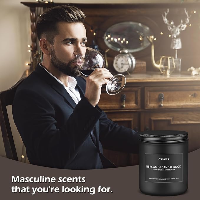 Bergamot Sandalwood Candle for Men | Masculine Scented Soy Candles - Home Fragrance, Aromatherapy Gifts for Men - 7oz Black Jar, Long-Lasting Luxury Decor-Ruum Studio Home