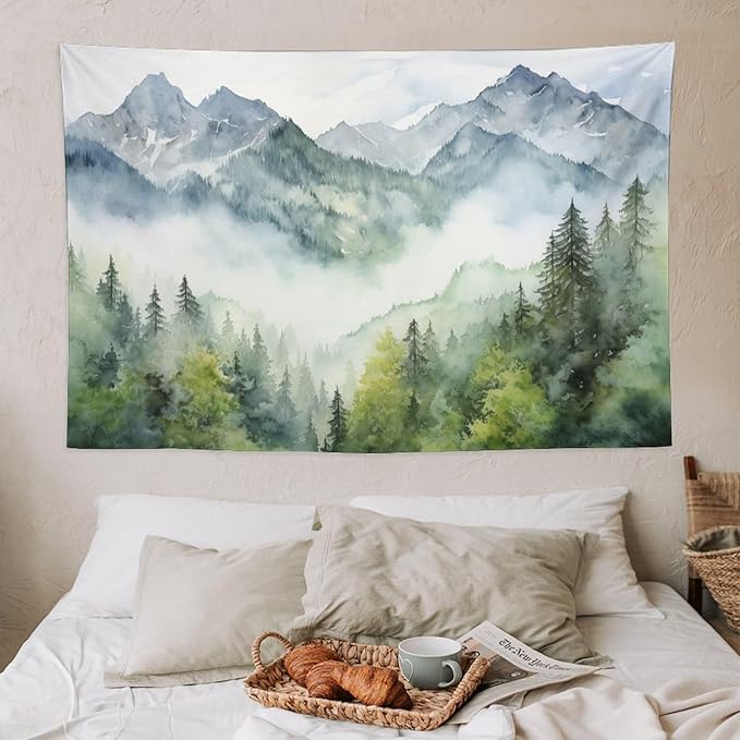 HZOHNAGO Mountain Tapestry Misty Green Forest Mountain Pattern Printed Wall Tapestry Wall Hanging for Bedroom Living Room Dorm 60" W x 40" H-Ruum Studio Home