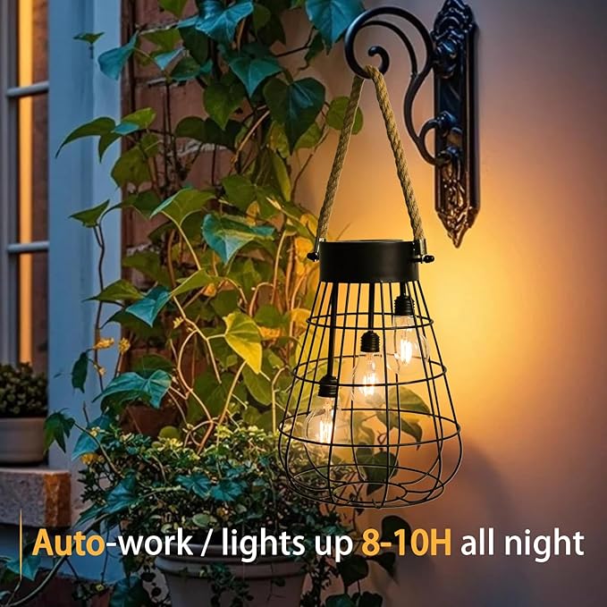 Solar Hanging Lantern with Rope, Vintage Industrial Pendant Light, 12.8" Solar Powered Outdoor Lantern, IP65 Waterproof Garden Light, Warm White Glow, Rechargeable for Patio, Porch, Yard Decor-Ruum Studio Home