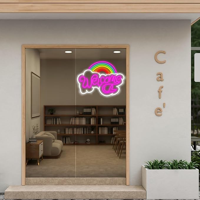 LISIGNVE Rainbow Welcome Neon Sign Cloud Light Up Sign Welcome Led Sign Rainbow Neon Light with USB for Bedroom Wedding Party School Business Wall Decor (16.5”*12.6”)-Ruum Studio Home