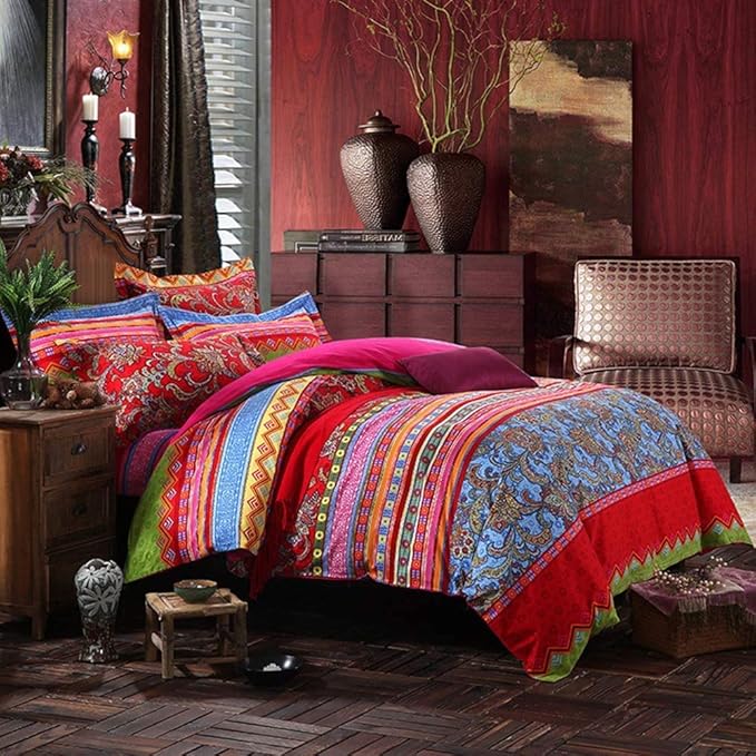 ABREEZE Bohemian Duvet Cover Set Colorful Red Boho Retro Bedding Set Damask Paisley Cotton Duvet Cover Tribal Reversible Bedding Exotic Style Comforter Cover 3-Piece Full-Ruum Studio Home
