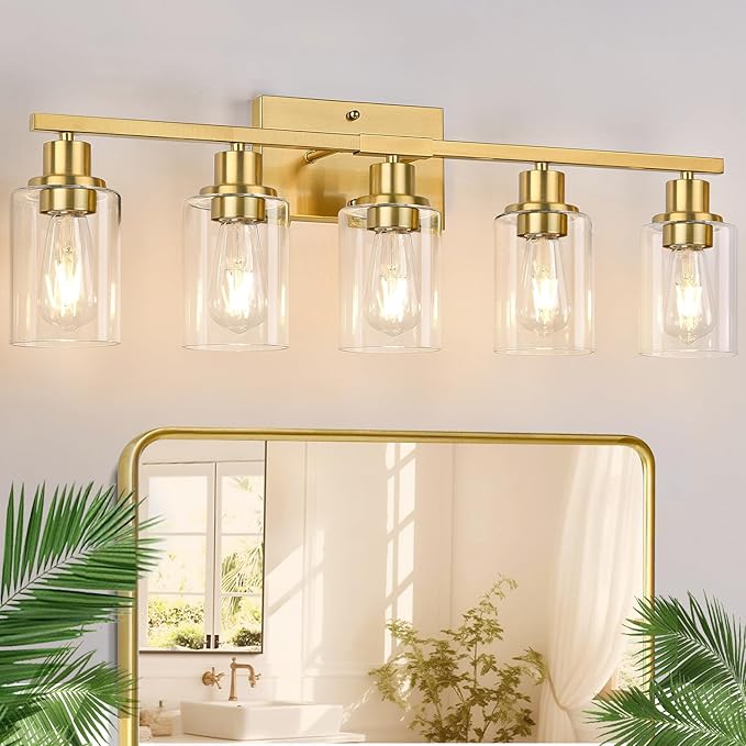 5-Light Bathroom Vanity Light with Clear Glass Shades, Brushed Gold Bathroom Light Fixtures Over Mirror, Modern Vanity Light for Mirror Living Room Cabinet Bedroom Porch-Ruum Studio Home