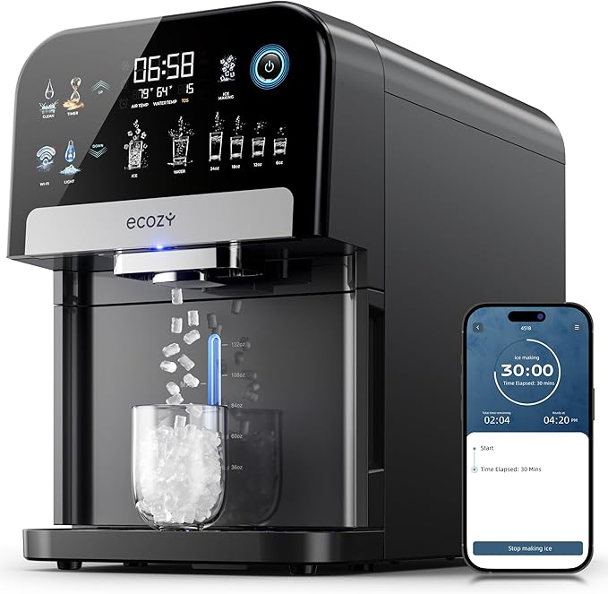 ecozy Nugget Ice Maker Dispenser, Smart 2-in-1 Pebble Ice Machine Countertop & Water Dispenser with App Control, Self-Cleaning, Auto Lighting, TDS Monitor, Measured Dispensing, 33Lbs/Day-Ruum Studio Home