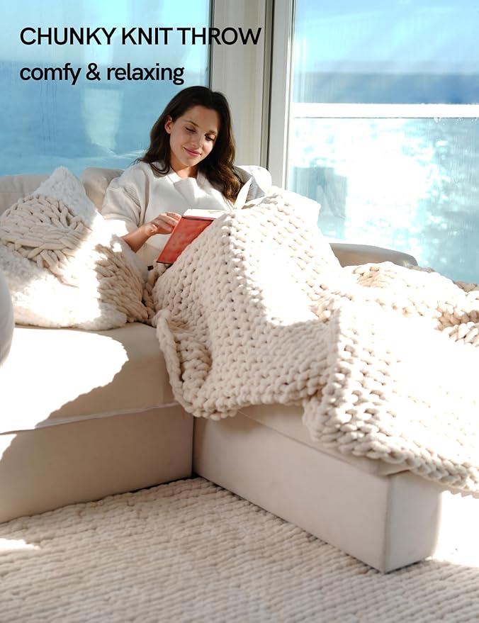 YnM Chunky Throw Blanket, Medium-Weight, Hand Knitted with Chenille Yarn, Skin Friendly, Ventilated and Breathable, Machine Washable, Home Décor Piece for Couch Sofa and Bed (Butter Cream, 80x87 Inch)-Ruum Studio Home