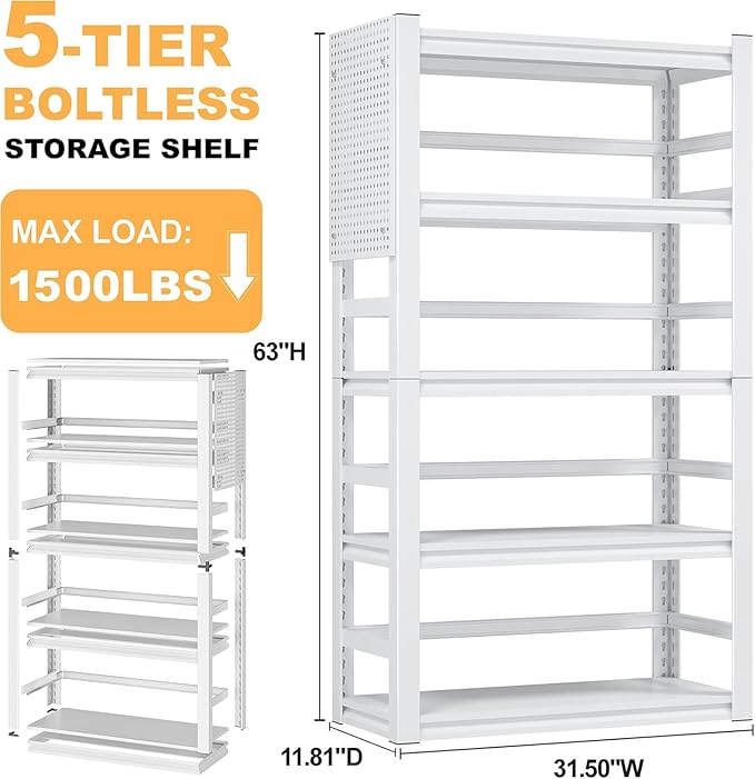 White Garage Shelving, 5 Tier Adjustable Shelving Units, Heavy Duty Metal Shelves, Bookshelf for Garage, Pantry, Basement, Living Room-Ruum Studio Home
