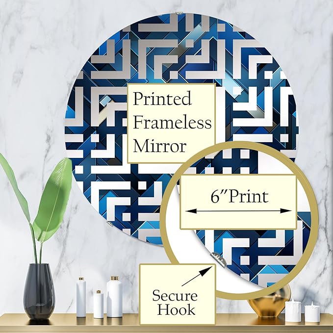 Symmetric Cubes in Deep Cobalt Blue - Geometric Maze - 32 Inches - Round Decorative Wall Mirror for Bathroom, Bedroom, Entryway, Living Room, Vanity Room and Modern Décor-Ruum Studio Home
