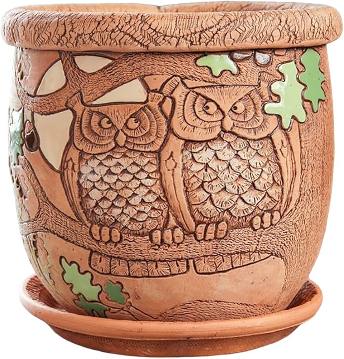 Ceramic Pot with Drainage Hole and Saucer, Plant Pots, Modern Decorative Planters for House Plants Indoor Flowers Plants, Cute Flower Pot - Gifts (Owls (1.6 L))-Ruum Studio Home