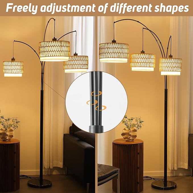 Rattan Floor Lamp for Living Room, 80 Inch Tall Boho Floor Lamp with Rotary Switch, 3 Lights Arc Lamp with Wicker Shade for Coastal,Bohemian,Tree Farmhouse Standing Lamp-Ruum Studio Home